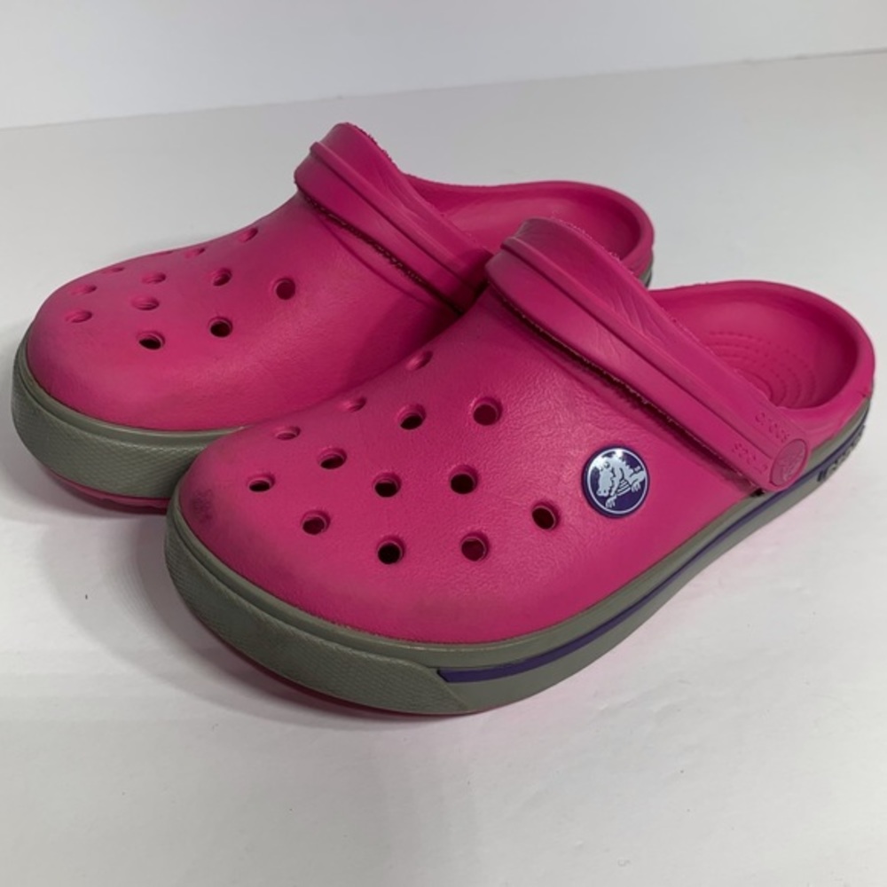EUC Crocs pink with gray and purple trim